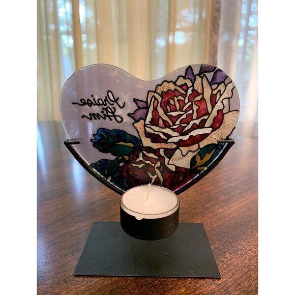 Joan Baker Stained Glass Heart Candle Holder Praise Him Religious Sun Catcher - Picture 2 of 12